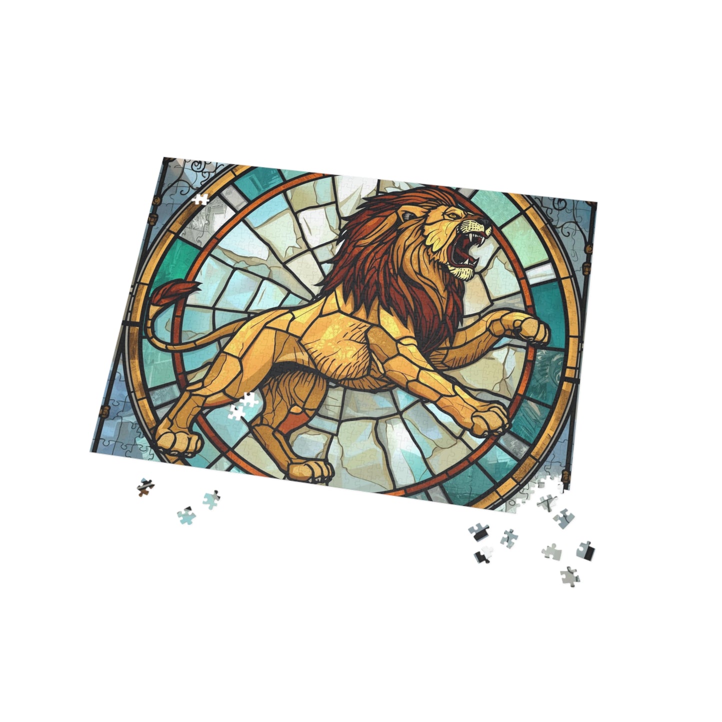Stained Glass Lion Jigsaw Puzzle – Majestic Roaring Lion Art Puzzle, Powerful Animal Illustration, Relaxing Gift