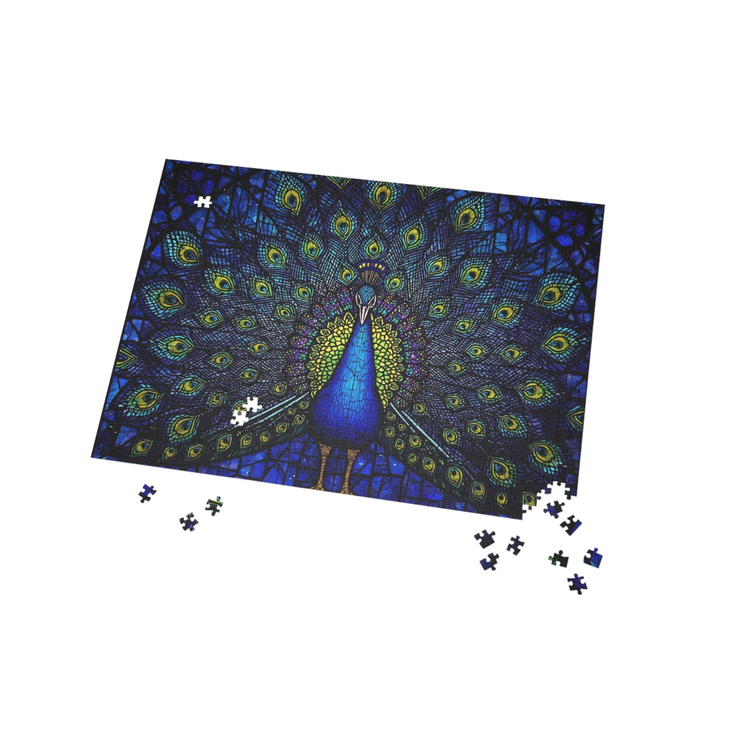 Stained Glass Peacock Jigsaw Puzzle – Colorful Art Puzzle, Majestic Bird Illustration, Relaxing Gift