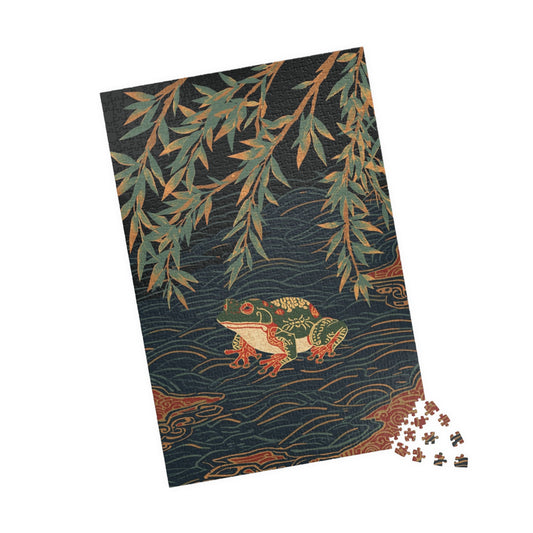 Luxury Japanese Hanafuda Jigsaw Puzzle – Willow & Frog Gold Leaf Art