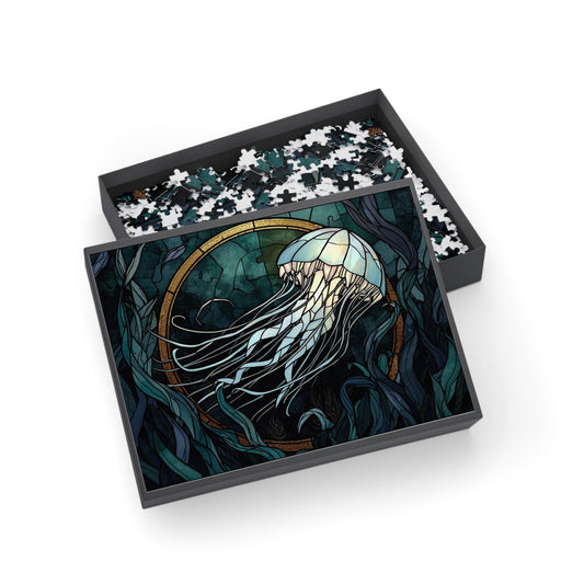 Stained Glass Jellyfish Jigsaw Puzzle – Dark Ocean Art Puzzle, Mystical Sea Life Illustration, Relaxing Gift