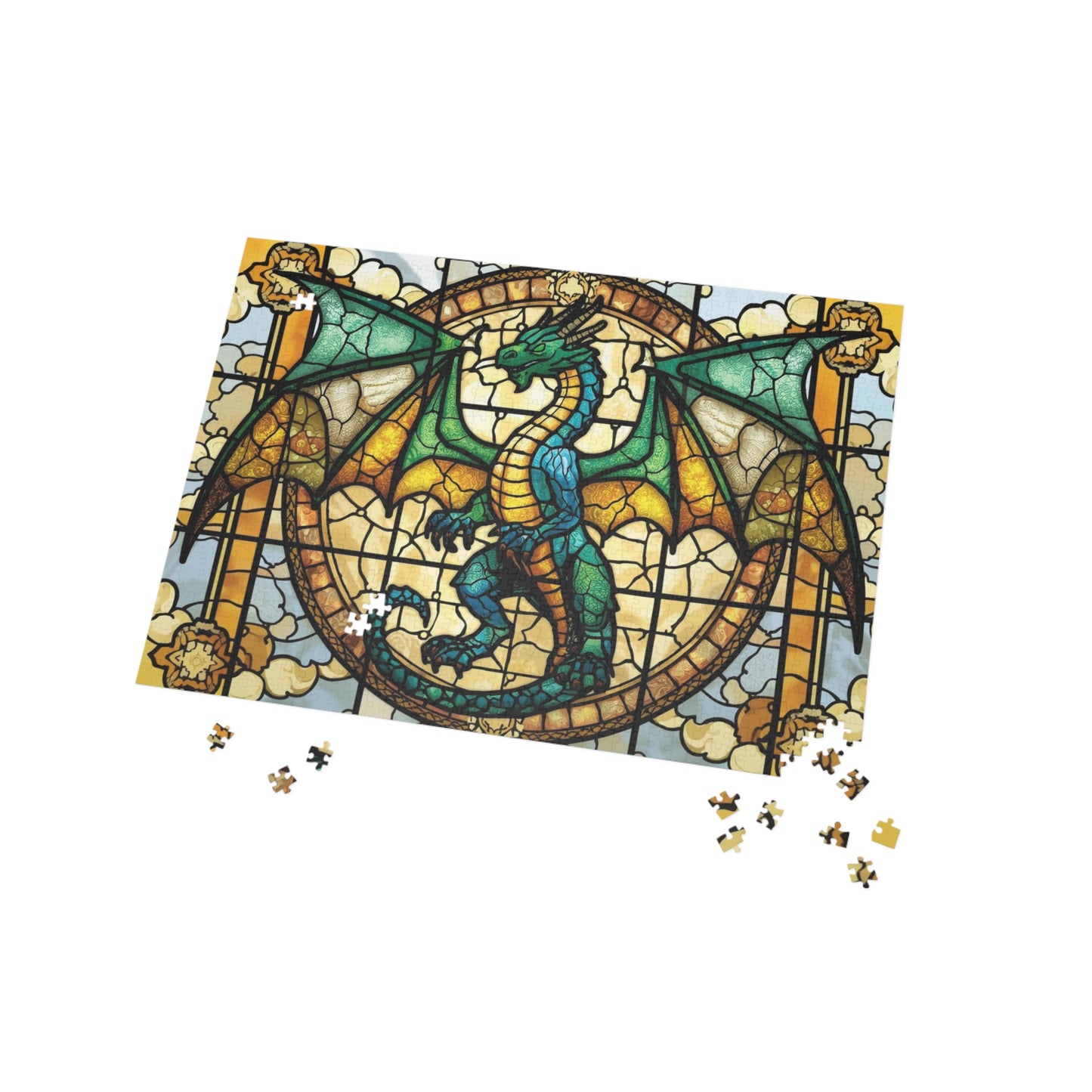 Stained Glass Dragon Jigsaw Puzzle – Bright Colorful Fantasy Art Puzzle, Majestic Dragon Illustration, Relaxing Gift