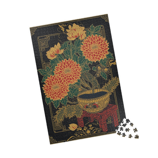 Luxury Japanese Hanafuda Jigsaw Puzzle – Chrysanthemum & Sake Cup Gold Leaf Art