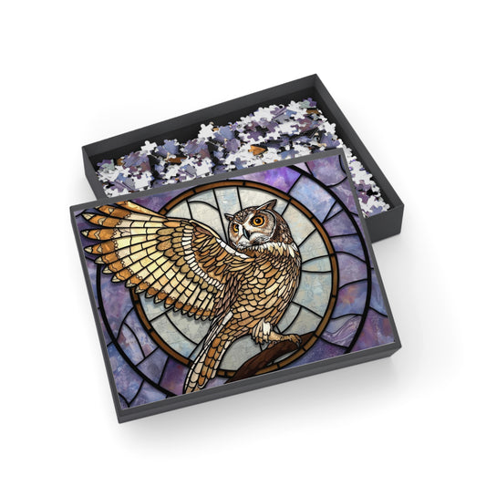 Stained Glass Eagle Owl Jigsaw Puzzle – Golden Art Puzzle, Majestic Owl Illustration, Relaxing Gift