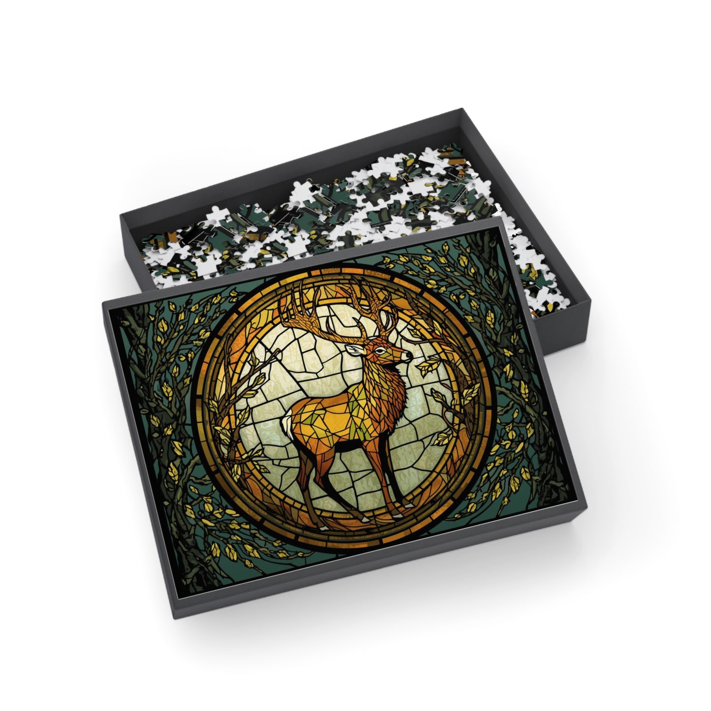 Stained Glass Deer Jigsaw Puzzle – Bright Forest Art Puzzle, Majestic Stag Illustration, Relaxing Nature Gift