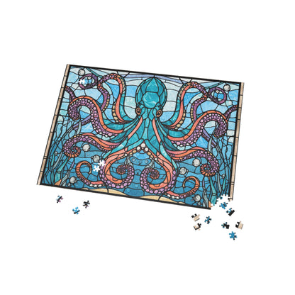 Stained Glass Octopus Jigsaw Puzzle – Bright Colorful Art Puzzle, Ocean Animal Illustration, Relaxing Gift