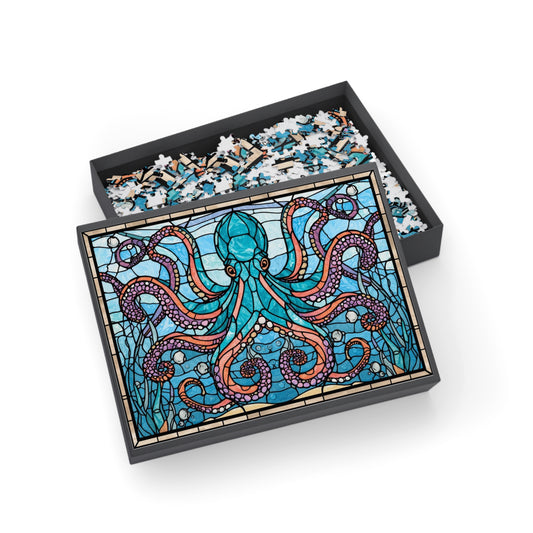 Stained Glass Octopus Jigsaw Puzzle – Bright Colorful Art Puzzle, Ocean Animal Illustration, Relaxing Gift