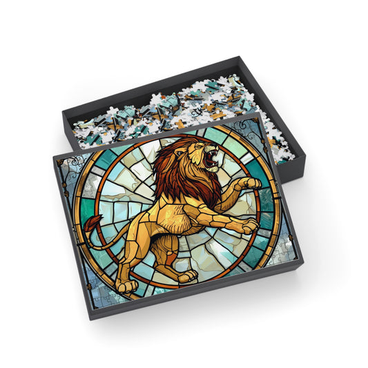 Stained Glass Lion Jigsaw Puzzle – Majestic Roaring Lion Art Puzzle, Powerful Animal Illustration, Relaxing Gift