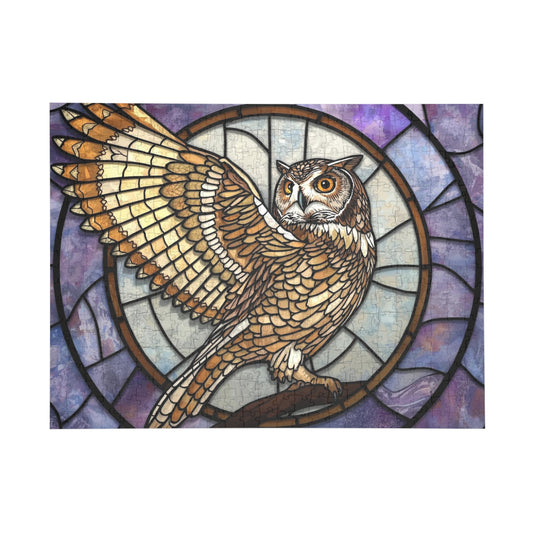 Stained Glass Eagle Owl Jigsaw Puzzle – Golden Art Puzzle, Majestic Owl Illustration, Relaxing Gift