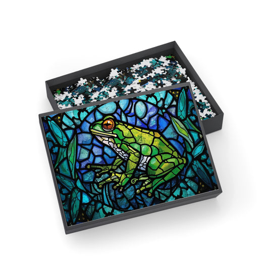 Stained Glass Frog Jigsaw Puzzle – Colorful Art Puzzle, Nature Inspired Frog Illustration, Relaxing Puzzle Gift