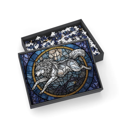 Stained Glass Wolf Jigsaw Puzzle – Colorful Nature Art Puzzle, Majestic Wolf Illustration, Relaxing Gift