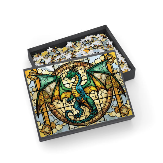 Stained Glass Dragon Jigsaw Puzzle – Bright Colorful Fantasy Art Puzzle, Majestic Dragon Illustration, Relaxing Gift