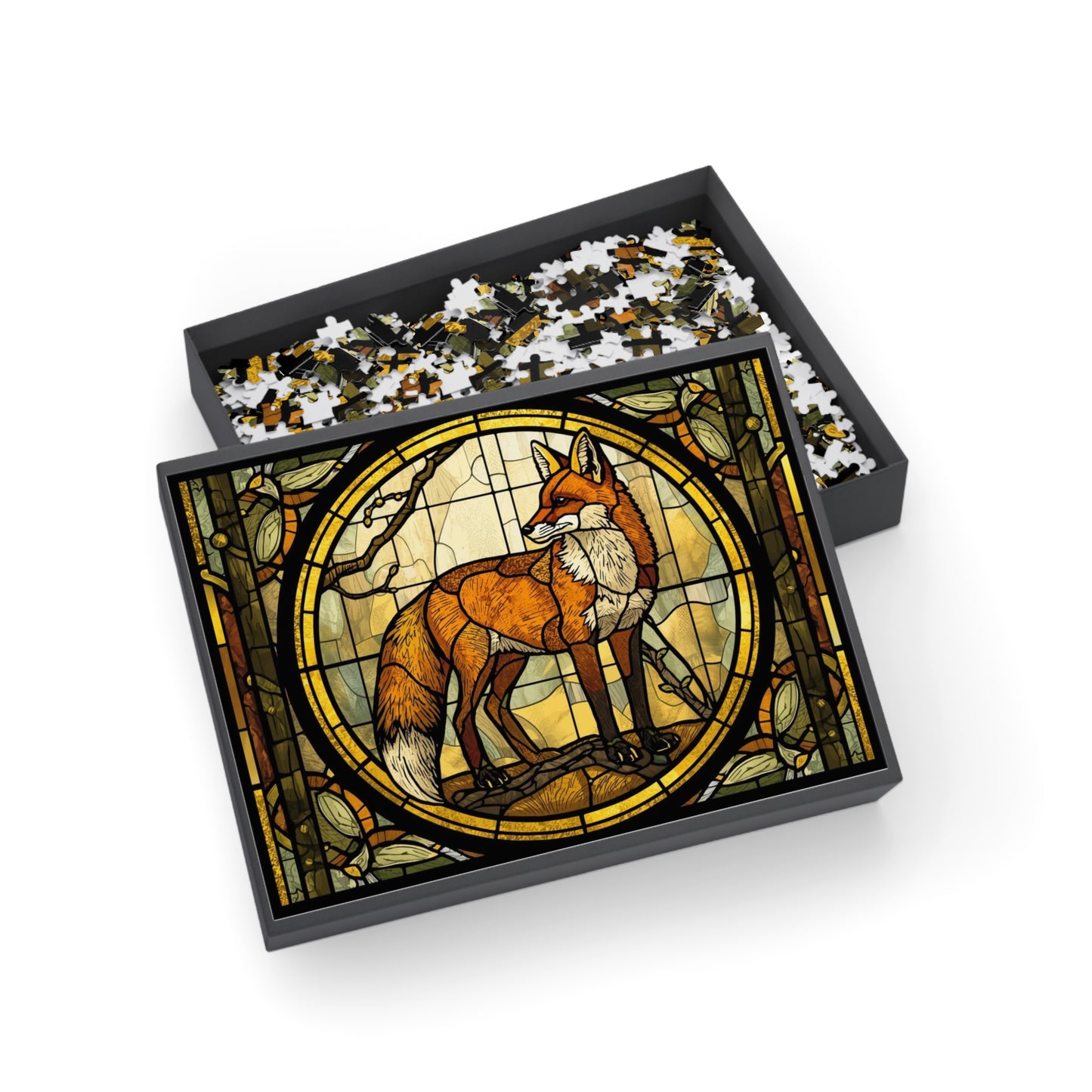 Stained Glass Fox Jigsaw Puzzle – Bright Forest Art Puzzle, Majestic Fox Illustration, Relaxing Nature Gift