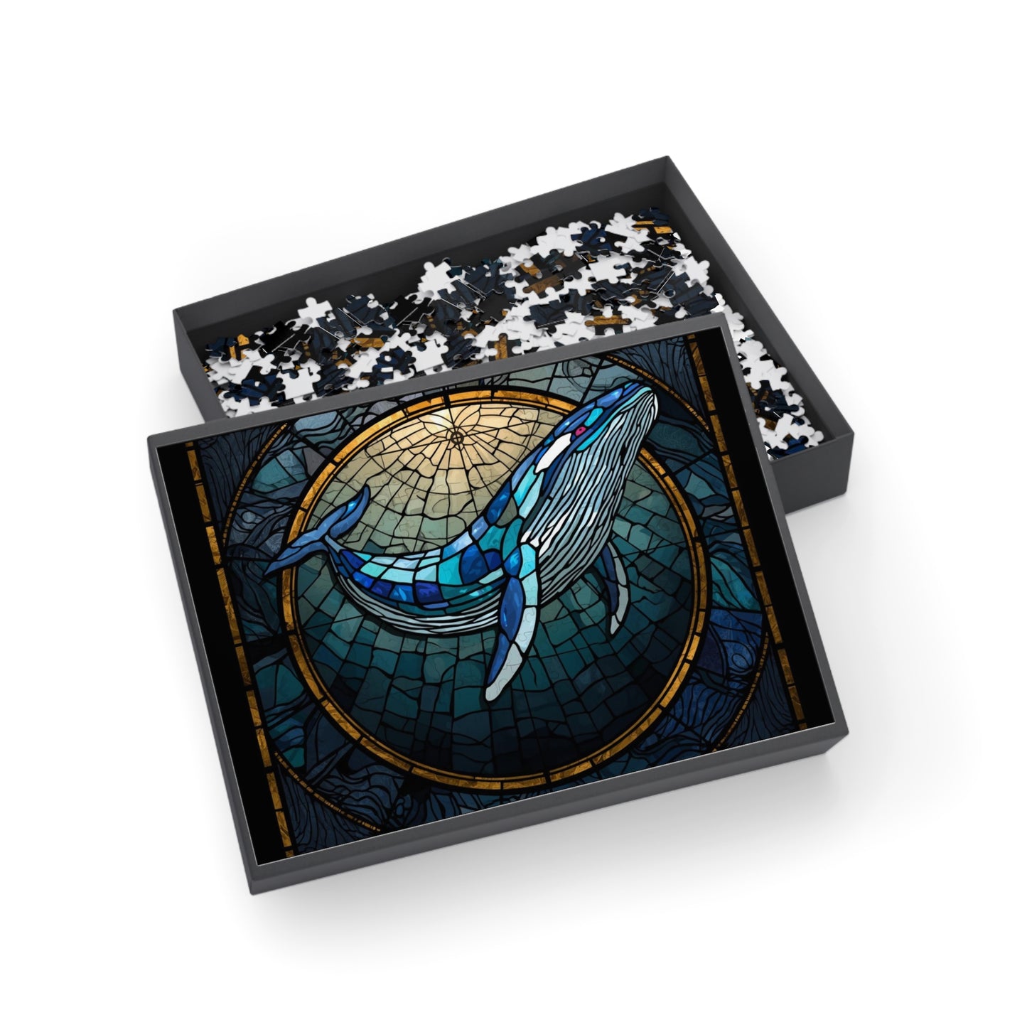 Stained Glass Whale Jigsaw Puzzle – Bright Colorful Ocean Art Puzzle, Majestic Whale Illustration, Relaxing Gift