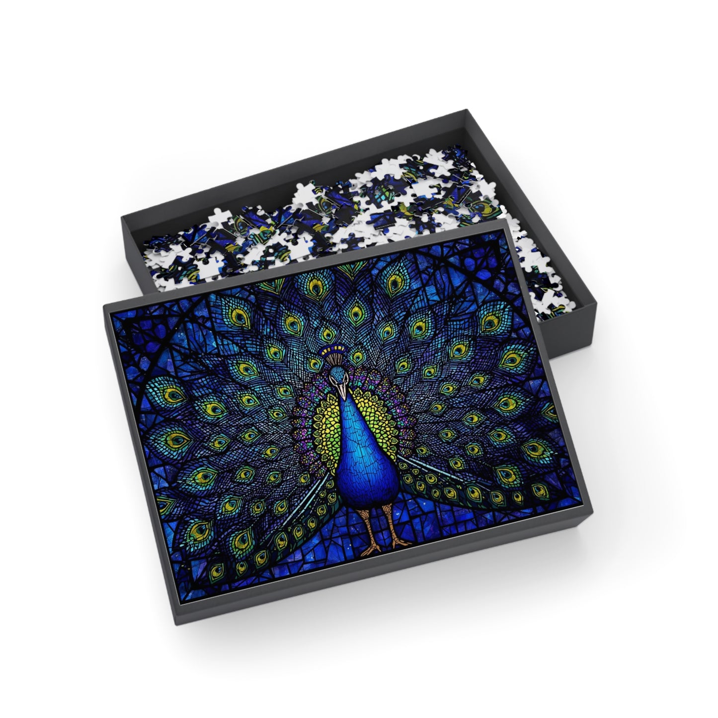 Stained Glass Peacock Jigsaw Puzzle – Colorful Art Puzzle, Majestic Bird Illustration, Relaxing Gift