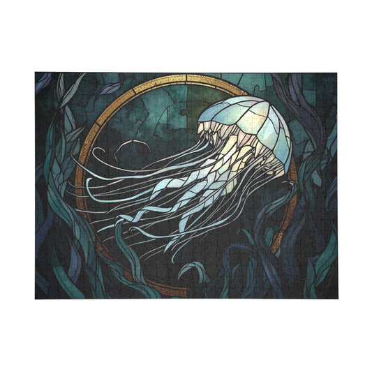 Stained Glass Jellyfish Jigsaw Puzzle – Dark Ocean Art Puzzle, Mystical Sea Life Illustration, Relaxing Gift