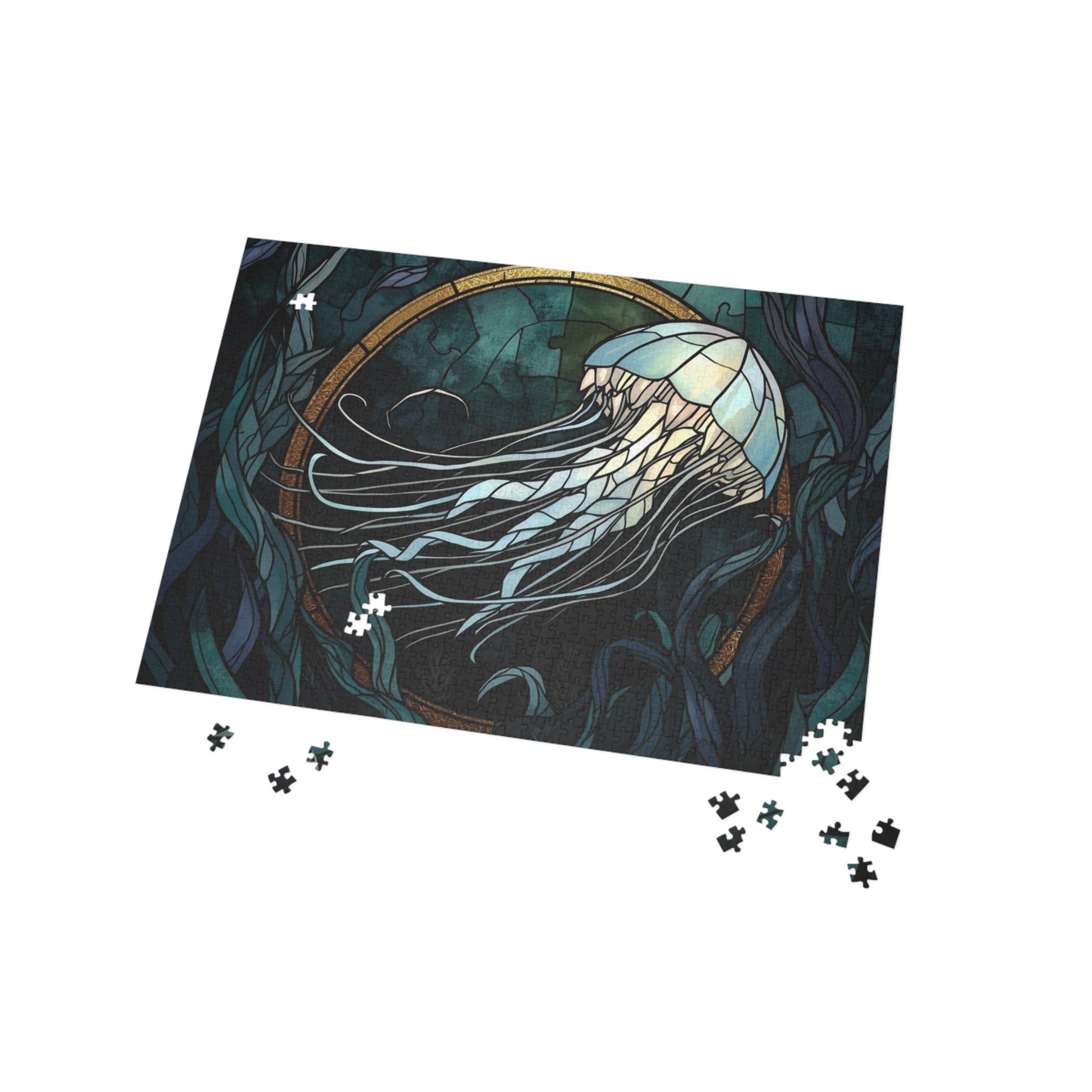 Stained Glass Jellyfish Jigsaw Puzzle – Dark Ocean Art Puzzle, Mystical Sea Life Illustration, Relaxing Gift