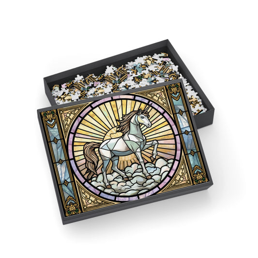 Stained Glass Unicorn Jigsaw Puzzle – Elegant Fantasy Art Puzzle, Magical Unicorn Illustration, Relaxing Gift