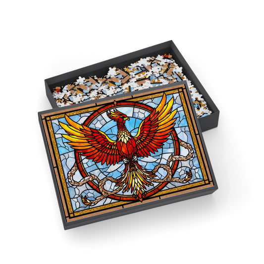 Stained Glass Phoenix Jigsaw Puzzle – Bright Colorful Fantasy Art Puzzle, Mythical Fire Bird Illustration, Relaxing Gift