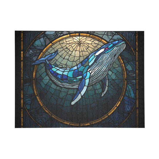Stained Glass Whale Jigsaw Puzzle – Bright Colorful Ocean Art Puzzle, Majestic Whale Illustration, Relaxing Gift
