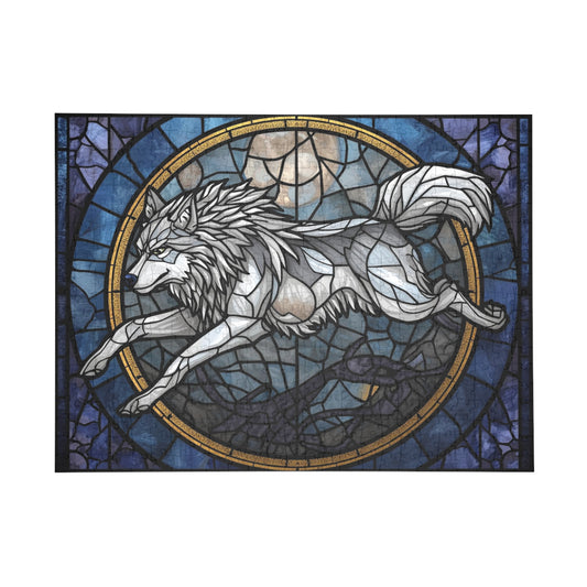Stained Glass Wolf Jigsaw Puzzle – Colorful Nature Art Puzzle, Majestic Wolf Illustration, Relaxing Gift